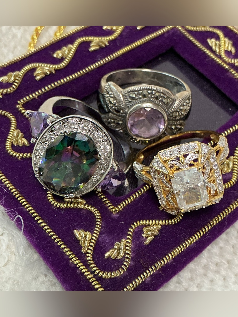 Bundle 3 CZ Halo Filigree 925 Rings Mystic Topaz